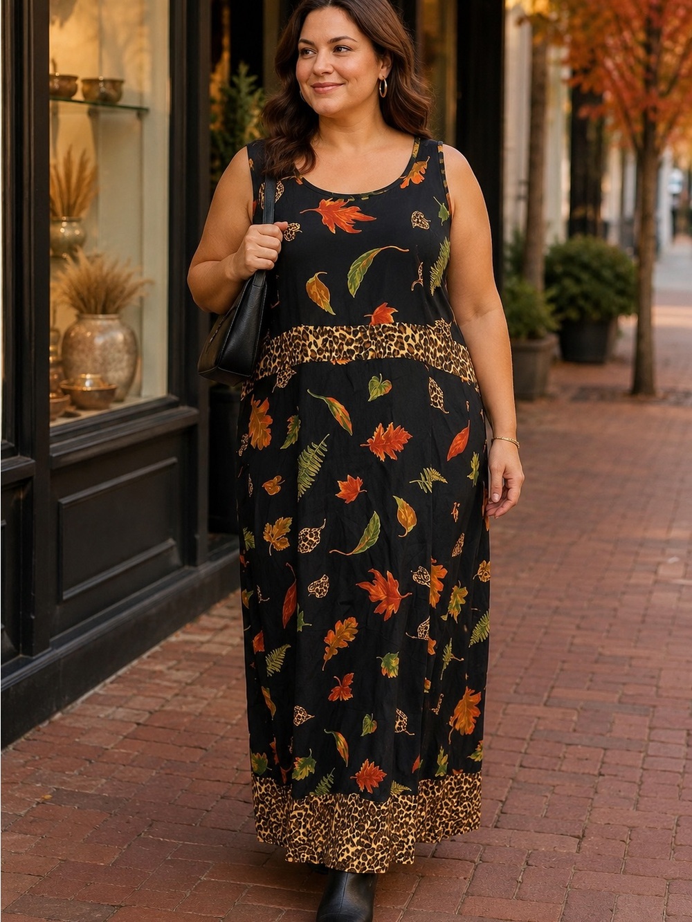 Vintage 90s CLIO 1X Black Autumn Leaf Leopard Print Rayon Maxi Dress whimsigoth